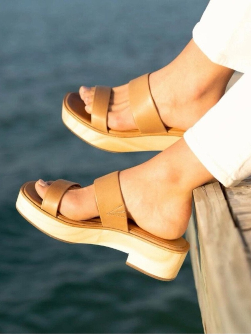 Nisolo Ellie All-Day Clog in Almond Cognac Double-Strap Platform Slide Mules